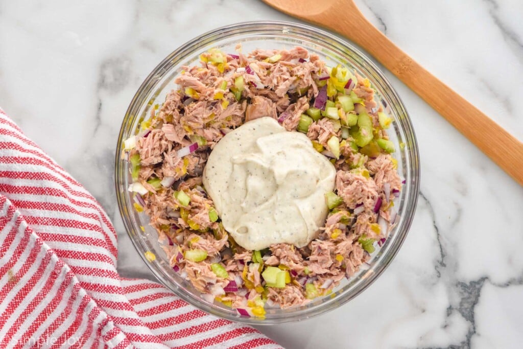 Overhead view of mixing bowl of ingredients for Tuna Salad recipe