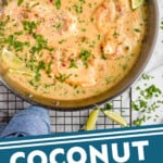pinterest graphic for Coconut Lime Chicken. Image shows overhead of skillet of Coconut Lime Chicken. Text says "Coconut Lime Chicken simplejoy.com"