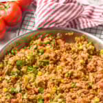 Pinterest graphic for Ground Beef and Rice recipe. Text says, "one pot Ground Beef and Rice simplejoy.com." Image shows skillet of Ground Beef and Rice.