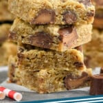 pinterest graphic of stack of oatmeal bars says oatmeal rolo bars, simplejoy.com