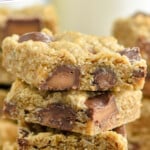 pinterest graphic of stack of oatmeal rolo bars, says: crazy good oatmeal roll bars, simplejoy.com