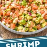 pinterest graphic for shrimp avocado salad. Image shows a bowl of Shrimp Avocado Salad with a fork. Text says "Shrimp Avocado Salad simplejoy.com"
