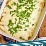 pinterest graphic of over head view of a baking dish with blue handles on a wood board holding sour cream chicken enchiladas, with a white sauce, garnished with a lot of cilantro, says: "sour cream chicken enchiladas simplejoy.com"