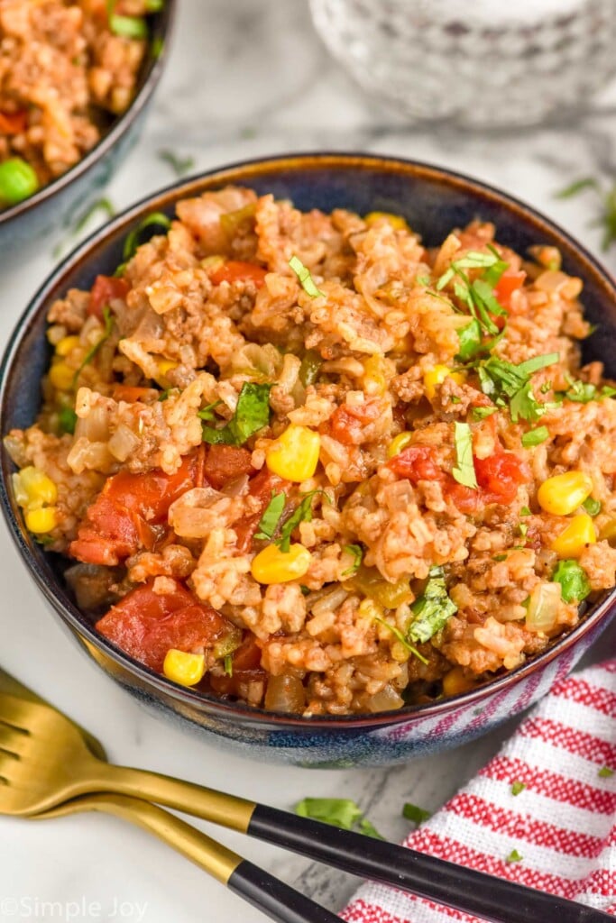 Bowl of Ground Beef and Rice, garnished with fresh cilantro, with two forks next to it