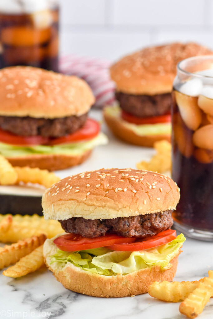 Side view of Air Fryer Burgers served on buns with tomatoes and lettuce. Fries beside.