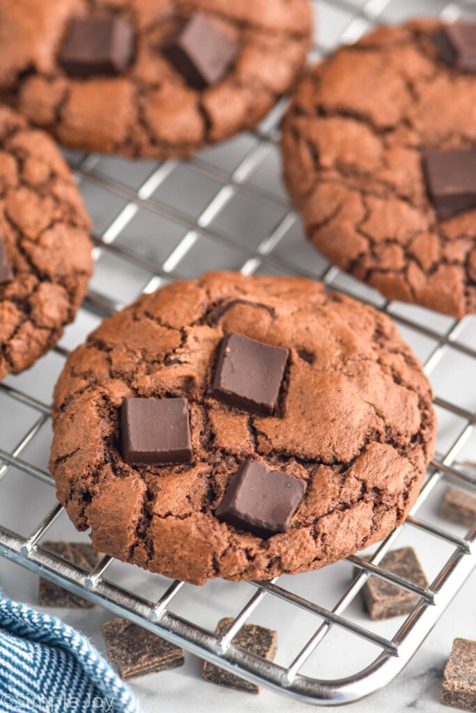 Triple Chocolate Cookies on cooling rack