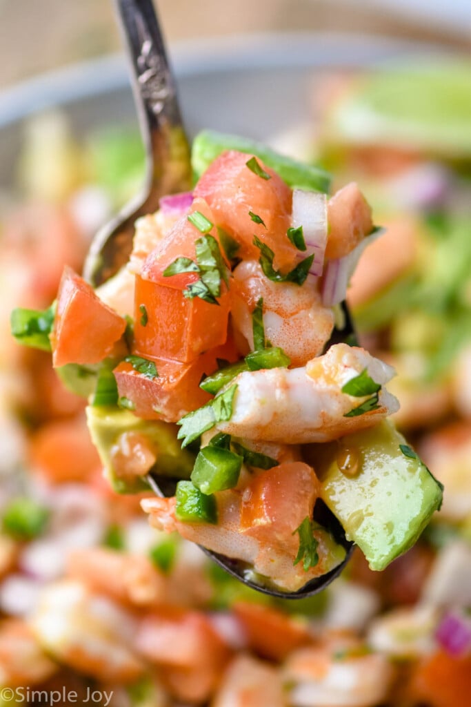 close up of Shrimp Avocado Salad on a spoon
