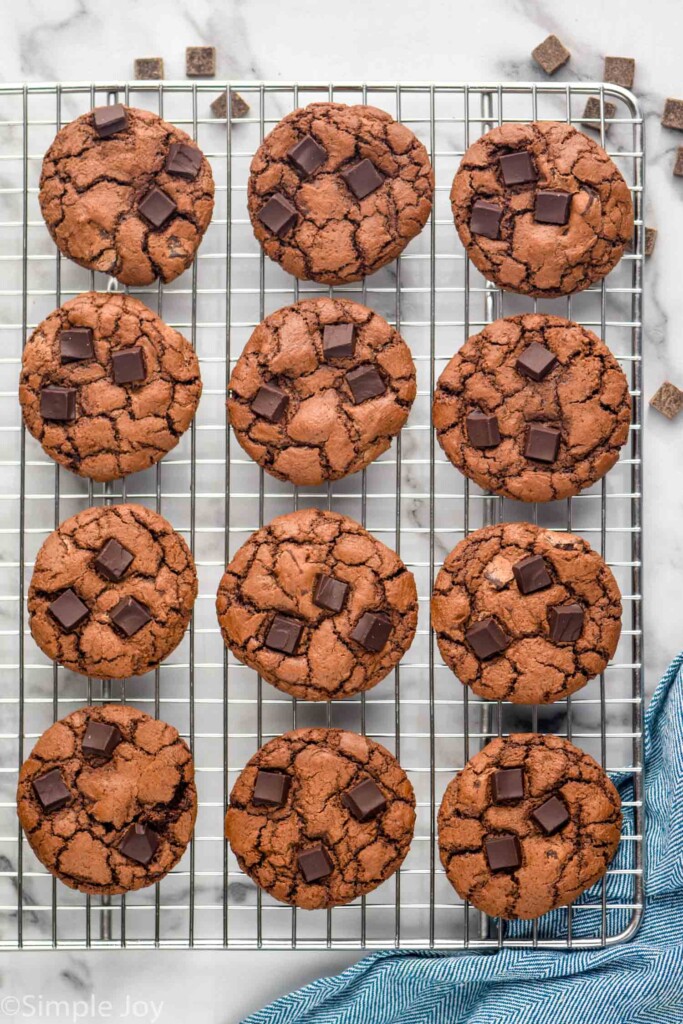 Overhead view of cooling rack of Triple Chocolate Cookies