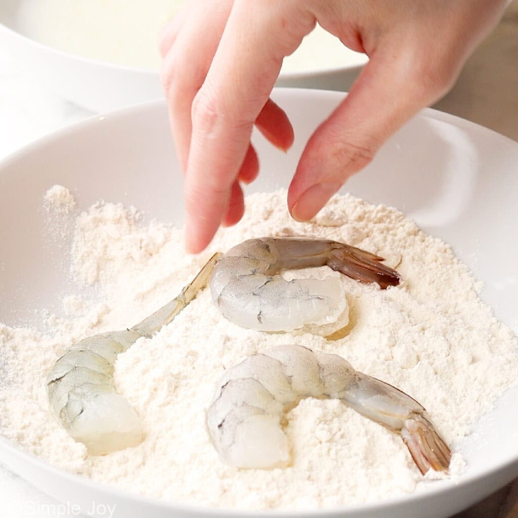 coating raw shrimp in flour
