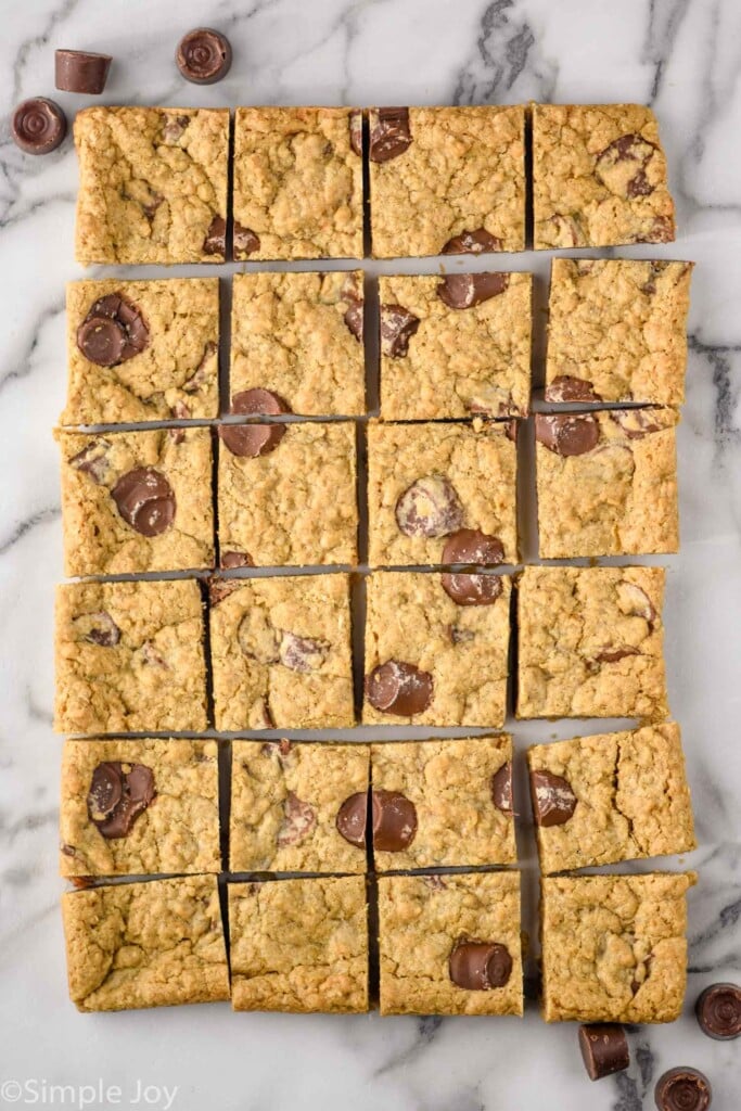 overhead of batch of oatmeal rolo bars cut into bars