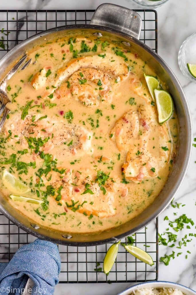 overhead of skillet of Coconut Lime Chicken