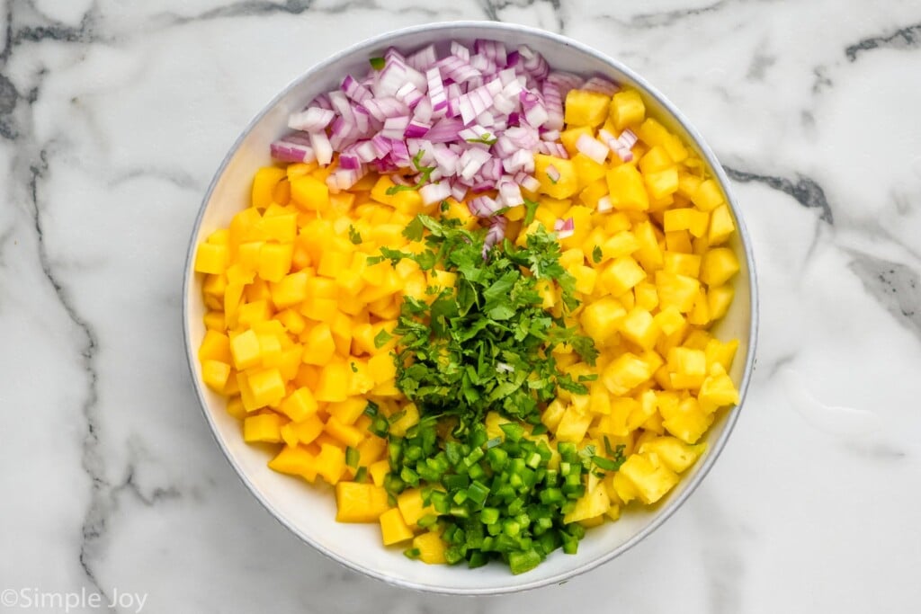 Overhead view of bowl of ingredients for Pineapple Mango Salsa recipe