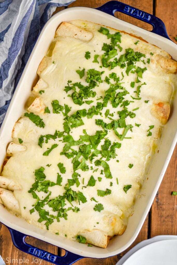 over head view of a baking dish with blue handles on a wood board holding sour cream chicken enchiladas, with a white sauce, garnished with a lot of cilantro