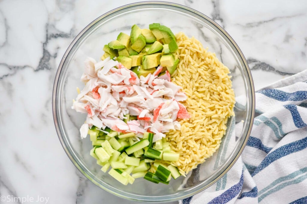 overhead of bowl of California Roll Pasta Salad ingredients