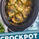 Pinterest graphic for Crock Pot Chicken Thighs recipe. Image shows overhead view of Crock Pot Chicken Thighs in a crock pot. Bread, glasses of wine, and salad beside. Text says, "CrockPot Chicken Thighs simplejoy.com"