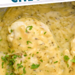 Pinterest graphic for honey mustard chicken. Text says "the best honey mustard chicken simplejoy.com" Image shows close up of honey mustard chicken