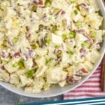 Pinterest graphic for Potato Salad. Image shows overhead of bowl of Potato Salad. Text says "Potato Salad simplejoy.com"