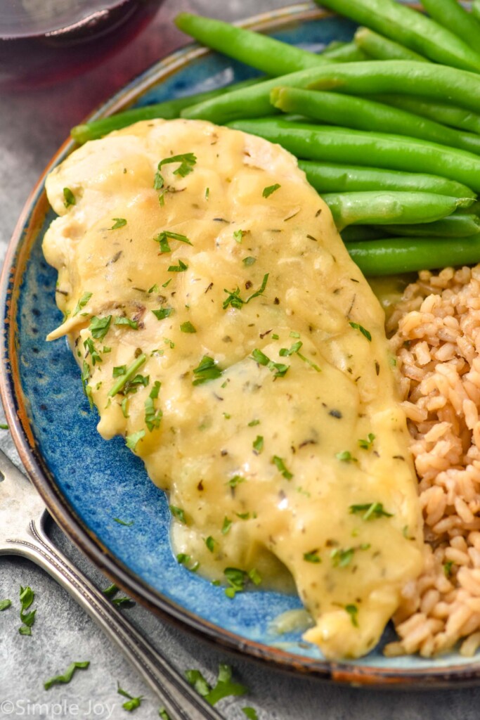 plate with piece of Honey Mustard Chicken, green beans, and rice