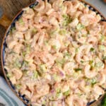 overhead photo of shrimp salad recipe in a bowl