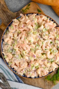 overhead photo of shrimp salad recipe in a bowl