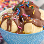 bowl of vanilla ice cream topped with magic shell and sprinkles - 11