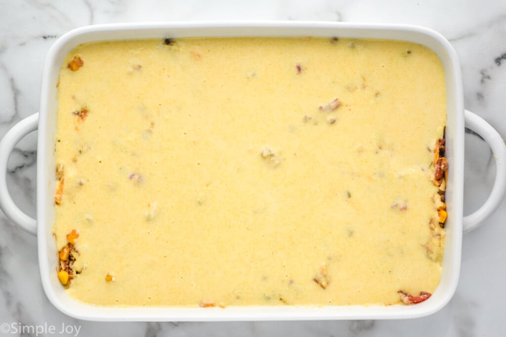 overhead of casserole dish of tamale pie