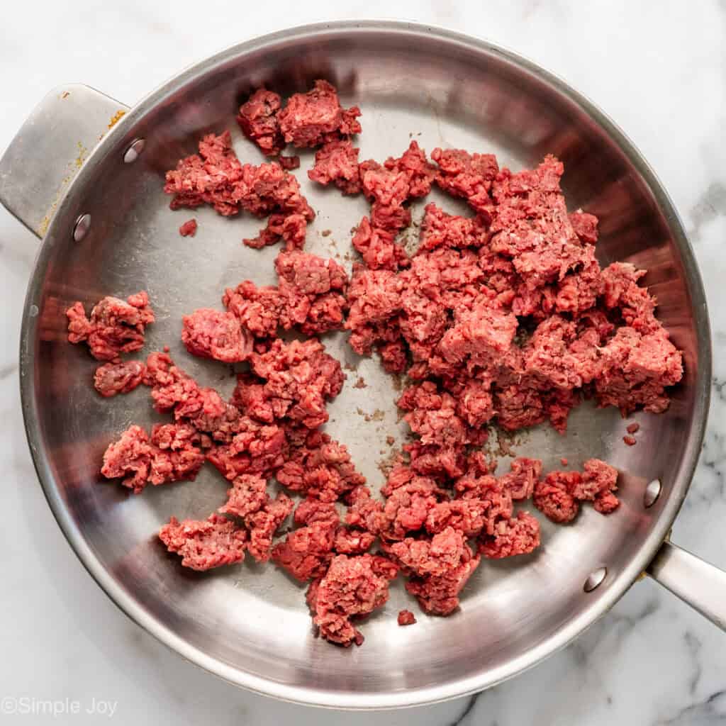 Overhead of skillet of ground beef to make BBQ Sloppy Joes