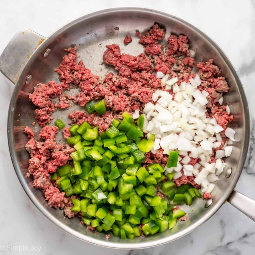 Overhead of skillet of BBQ Sloppy Joes ingredients