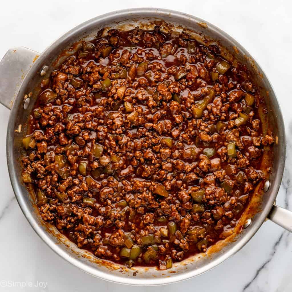 Overhead of skillet of BBQ Sloppy Joes ingredients