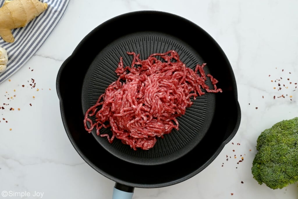 overhead of ground beef being cooked in a skillet - 5