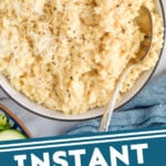 Pinterest graphic for Instant Pot Risotto. Image shows overhead of bowl of Instant Pot Risotto topped with shredded parmesan cheese and black pepper with a spoon. Text says "Instant Pot Risotto simplejoy.com"