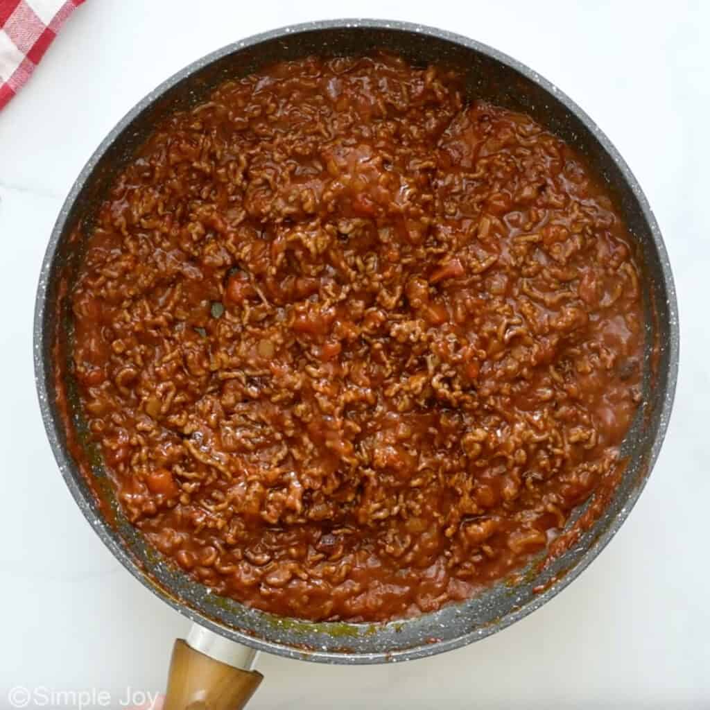 Overhead of skillet of homemade chili to make chili dog recipe