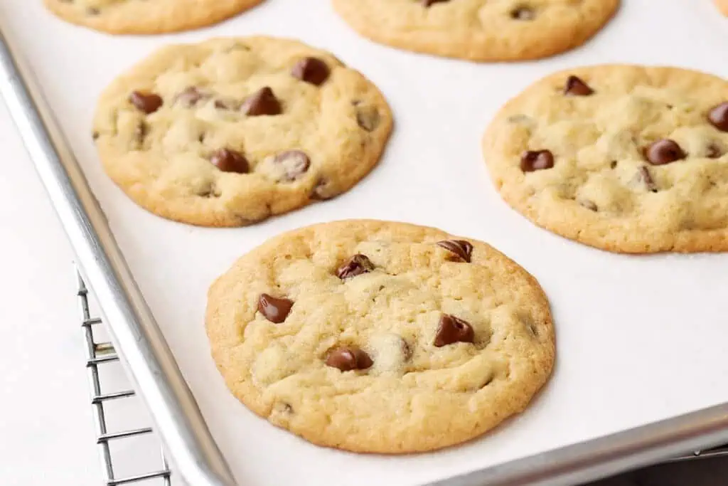 homemade chocolate chip cookies cooling on a baking sheet - 11