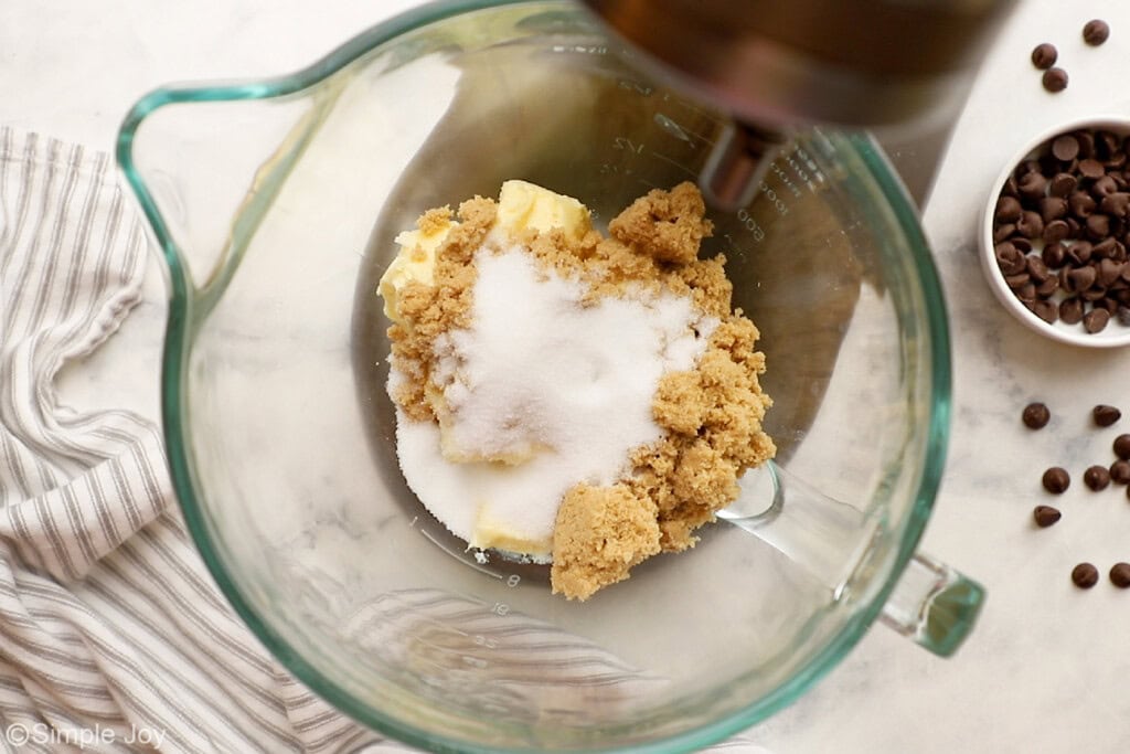 white sugar and brown sugar together in a mixing bowl with butter to be creamed