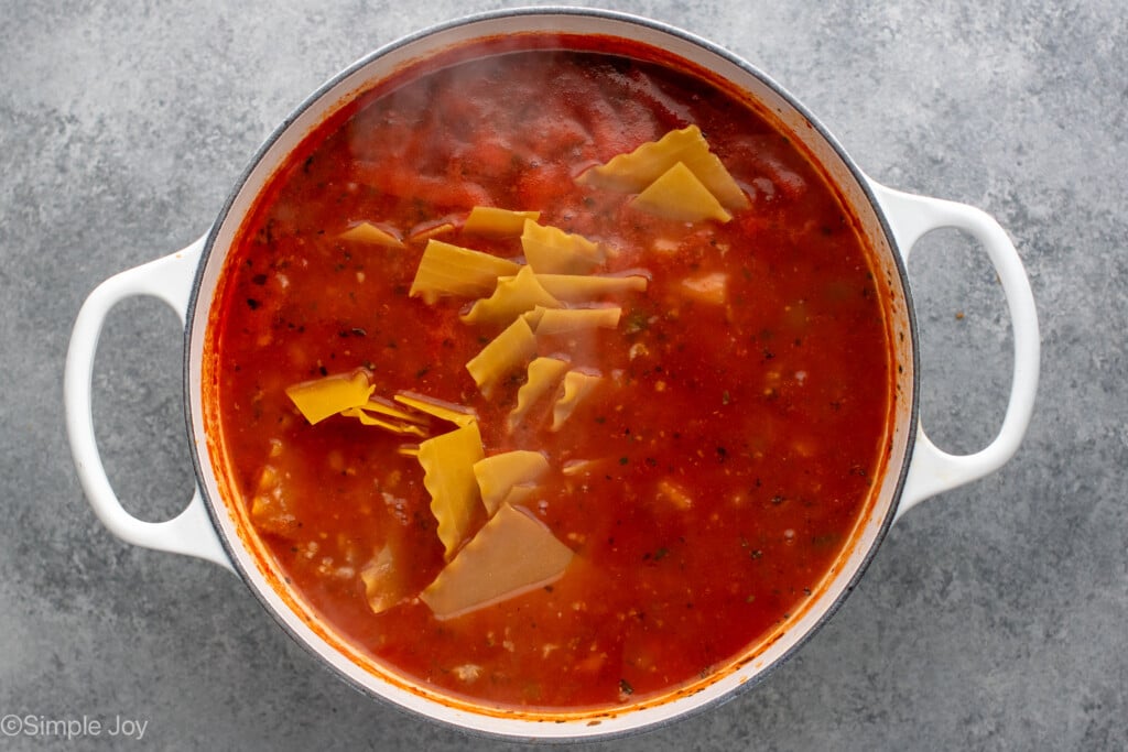 dry lasagna noodles added to soup to create lasagna soup