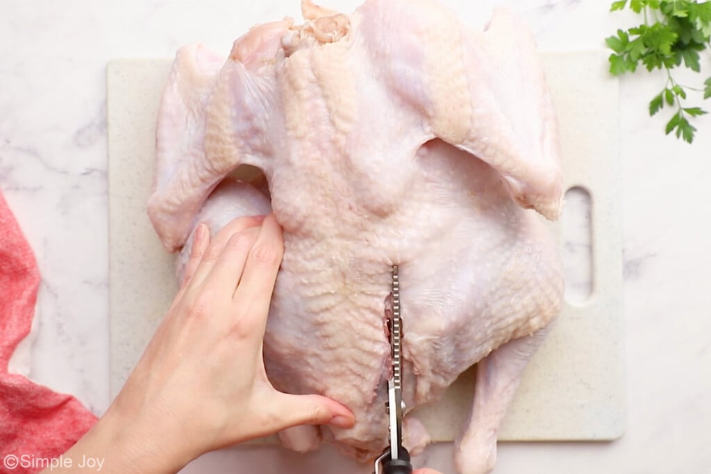 using kitchen scissors to cut out the back bone of a turkey - 6