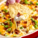 hand holding tortilla chip dipped into Jalapeño Popper Dip topped with diced bacon and green onion - 11