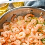Pinterest graphic for Garlic butter shrimp. Text says "the best Garlic butter shrimp simplejoy.com" Shows skillet of Garlic butter shrimp topped with fresh parsley