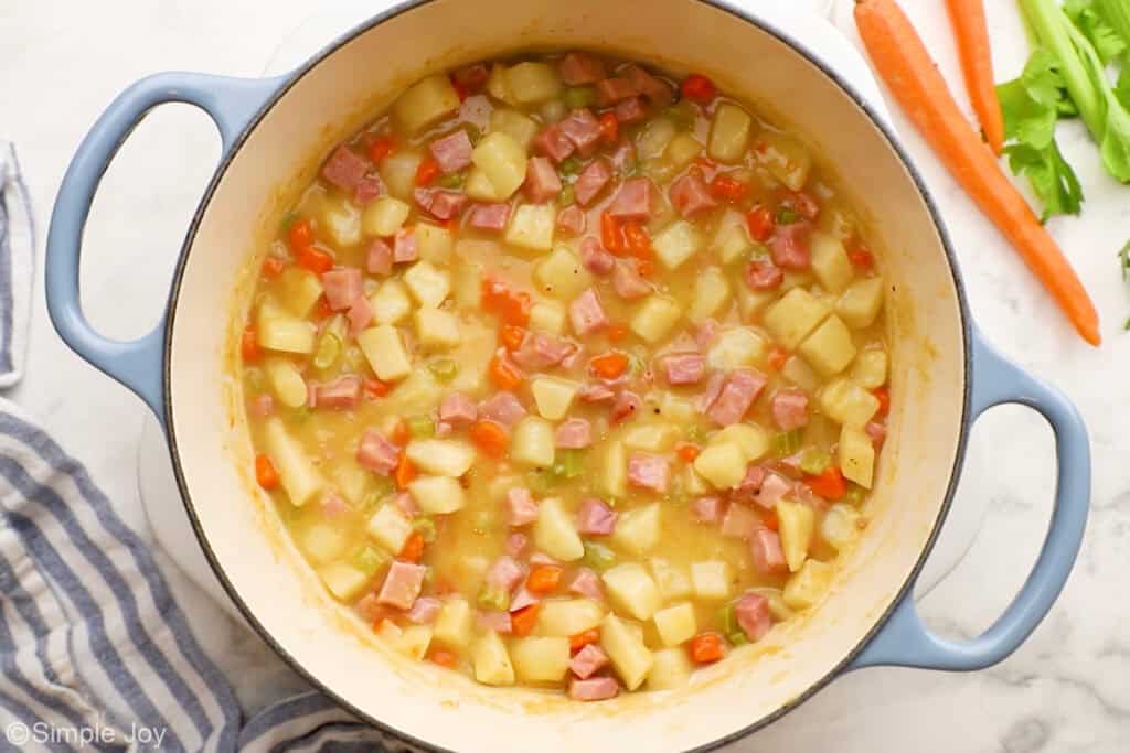 Overhead of large stockpot of ham and potato soup ingredients