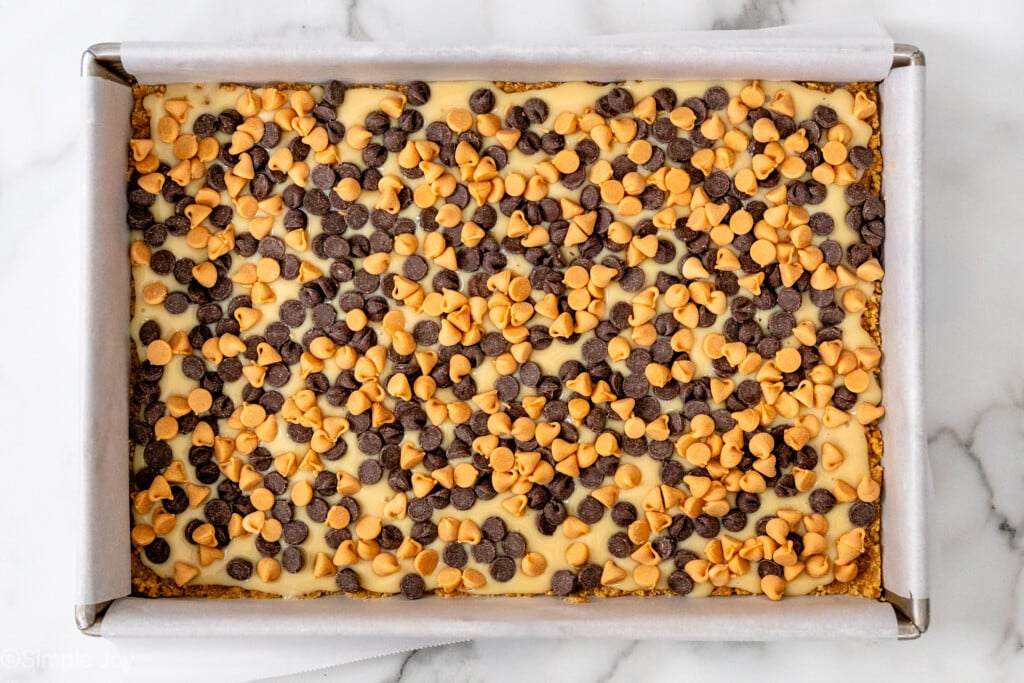 overhead of the chocolate chip layer of seven layer bars