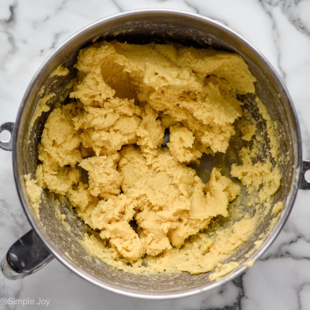 sugar cookie dough in the bowl of a stand mixer