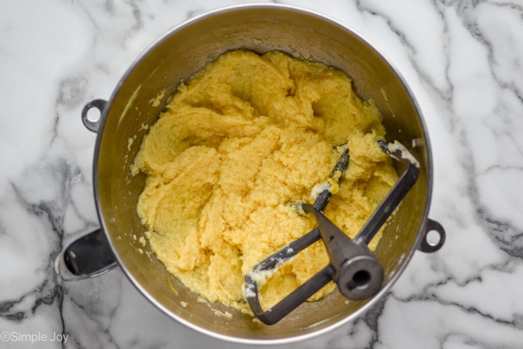 creamed butter and sugar that has had eggs and vanilla added to it