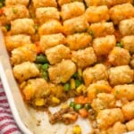 close up of baking dish of tater tot casserole - 10
