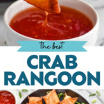 Pinterest graphic for Crab Rangoon recipe. Top image shows person's hand dipping Crab Rangoon into a bowl of sauce. Bottom image is overhead view of a plate of Crab Rangoon garnished with sliced green onions, with bowl of sauce beside. Text says, "the best Crab Rangoon simplejoy.com"