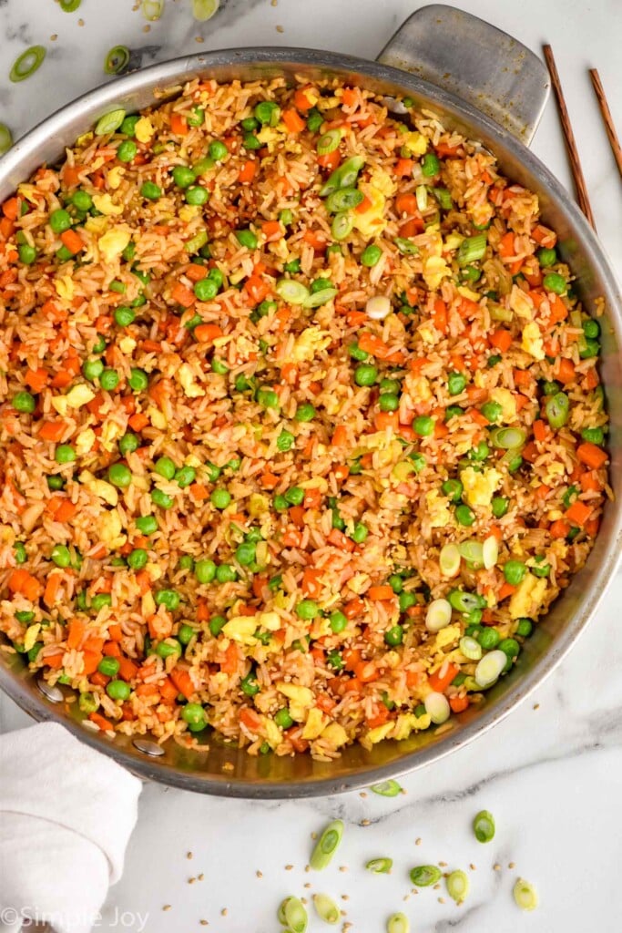 overhead of a skillet of fried rice recipe that is easy to make