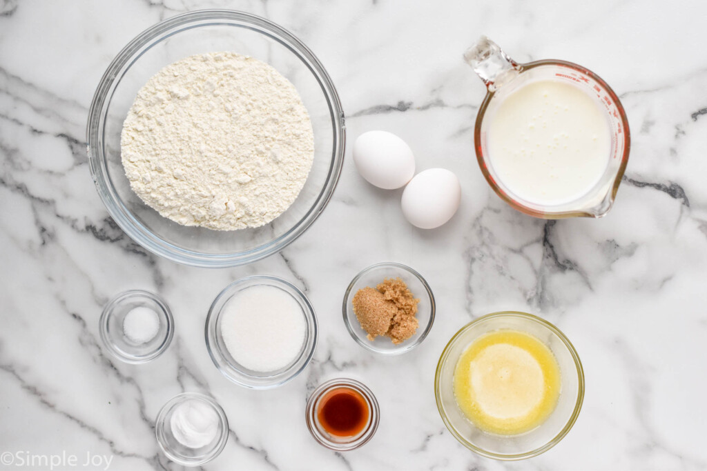 Overhead view of ingredients on counter for Sheet Pan Pancakes recipe.