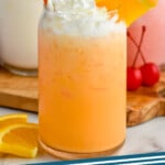 Pinterest graphic for Italian Soda. Image shows three glasses of Italian Soda topped with whipped cream and orange slice. Says "Italian Soda simplejoy.com"