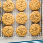 Pinterest graphic for oatmeal cookies. Image shows overhead of oatmeal cookies on a wire cooling rack. Says "oatmeal cookies simplejoy.com"