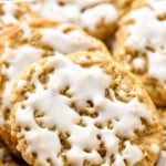 pinterest graphic for oatmeal cookie recipe. Says "the best oatmeal cookies simplejoy.com" Image shows close up of glazed oatmeal cookies.