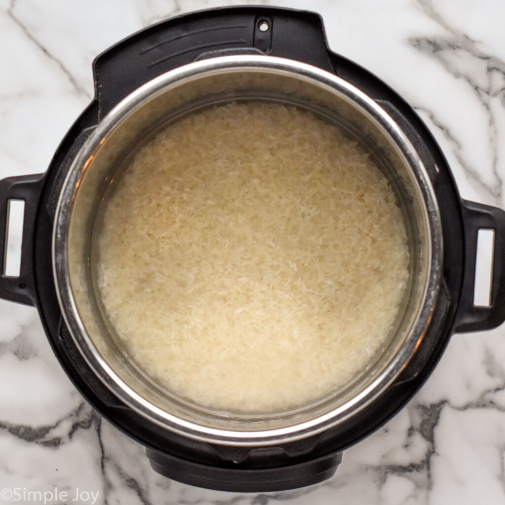 overhead of instant pot with rice and water to make Instant Pot Rice